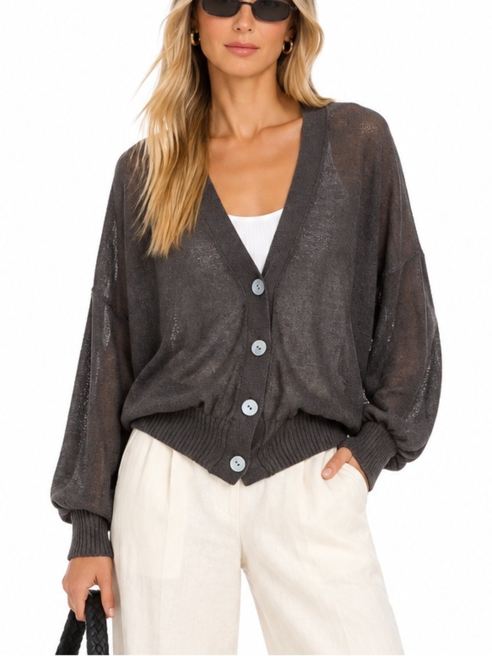 Vin Charcoal Grey Oversized linen Sheer Knit Cardigan